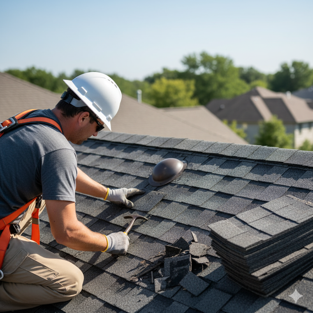Roofer in safety harness repairs shingle roof, sunny day.