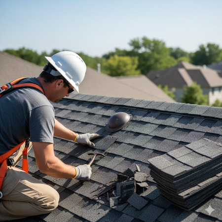 Roofer in safety harness repairs shingle roof, sunny day.