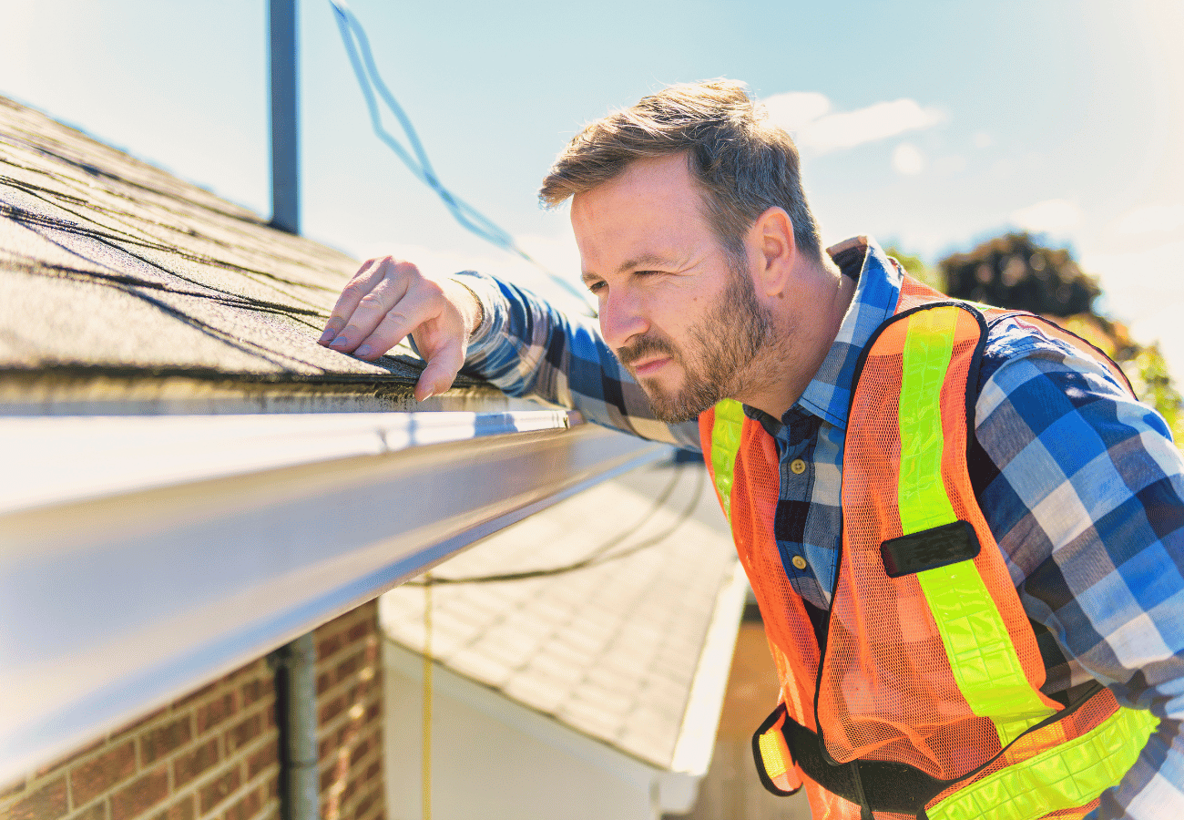Roofer in a hard hat inspects a roof with a tablet, tools, and camera. He is on a sunny day in a residential area.