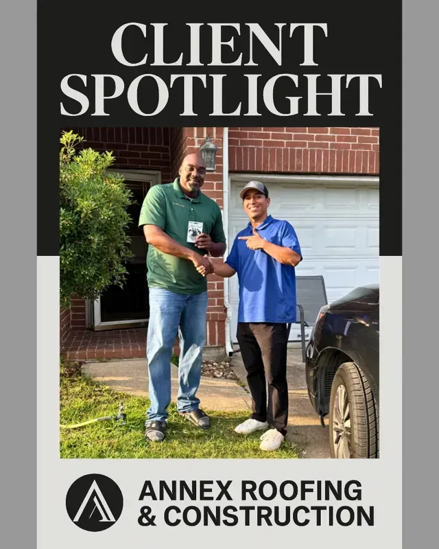Two men shaking hands, in front of a brick house. Client spotlight advertisement for Annex Roofing & Construction.