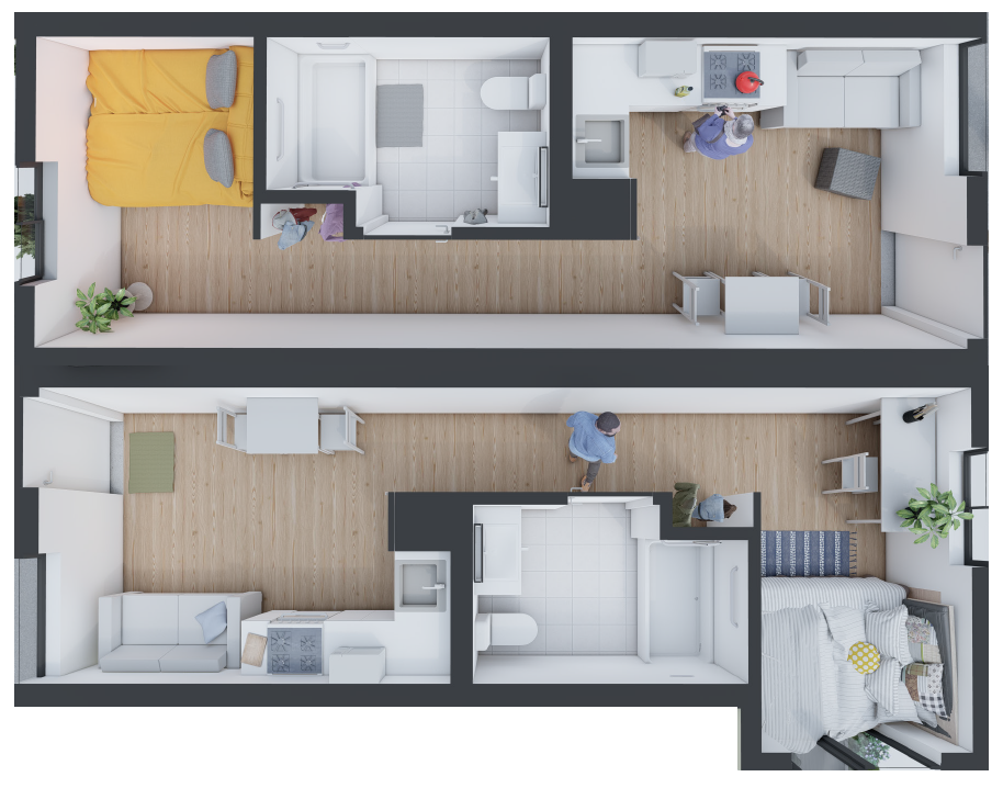 An aerial view of a floor plan of a house