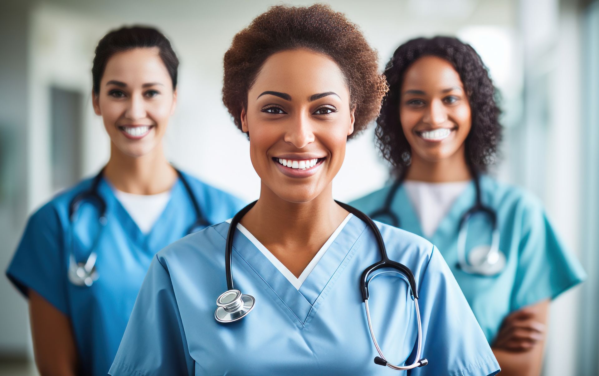 Three female doctors and nurses are smiling for the camera in a hospital hallway.