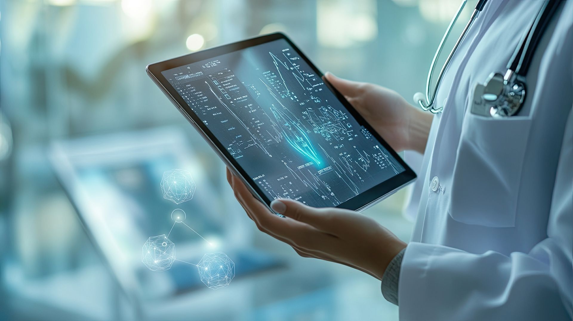 A doctor is holding a tablet computer in her hands.