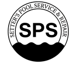Logo for Setter's Pool Service & Repair: "SPS" in a circle, with water illustration at the bottom and company name around the edge.