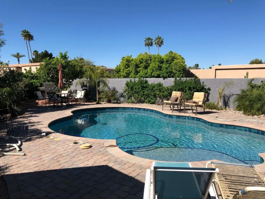 Backyard pool with lounge chairs, brick patio, and lush greenery under a clear blue sky.
