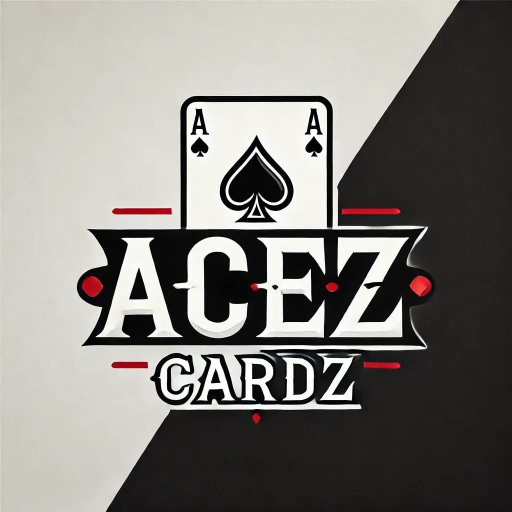 A logo for acez cardz with a spade card on a black and white background.