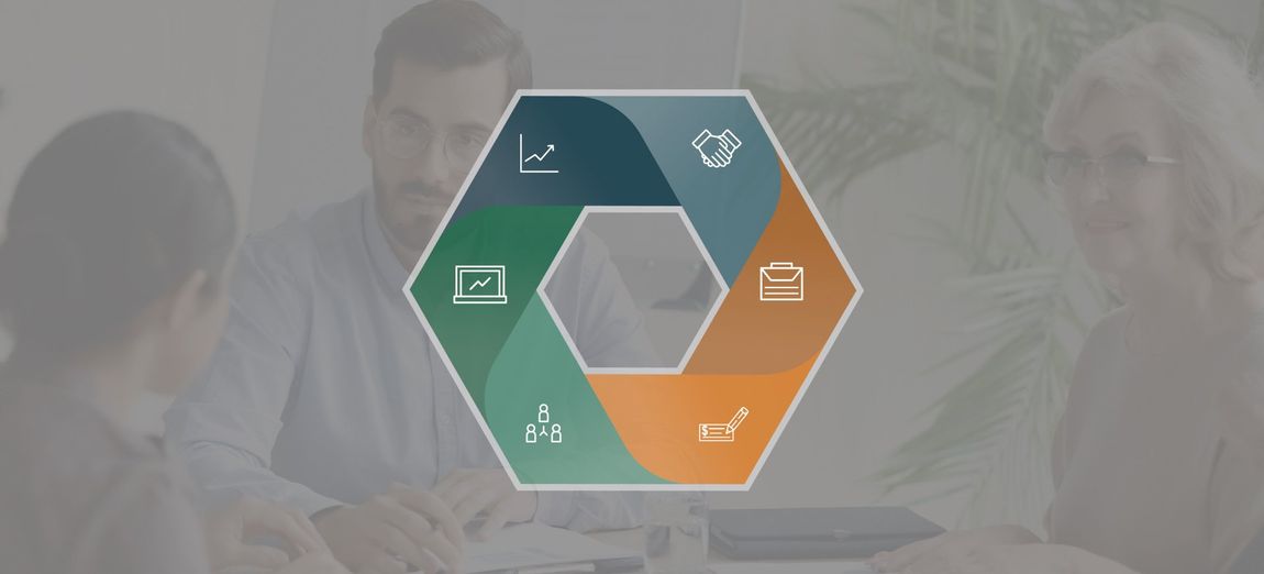 Integrated services hexagon including accounting, wealth management, human resources solutions, bookkeeping, transactional services, and tax planning