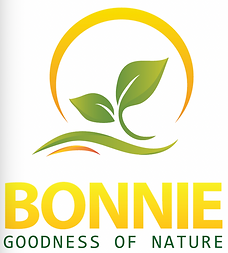 Logo: Green leaves rising from a curved line, encircled by a yellow-orange ring. Text reads "BONNIE GOODNESS OF NATURE."