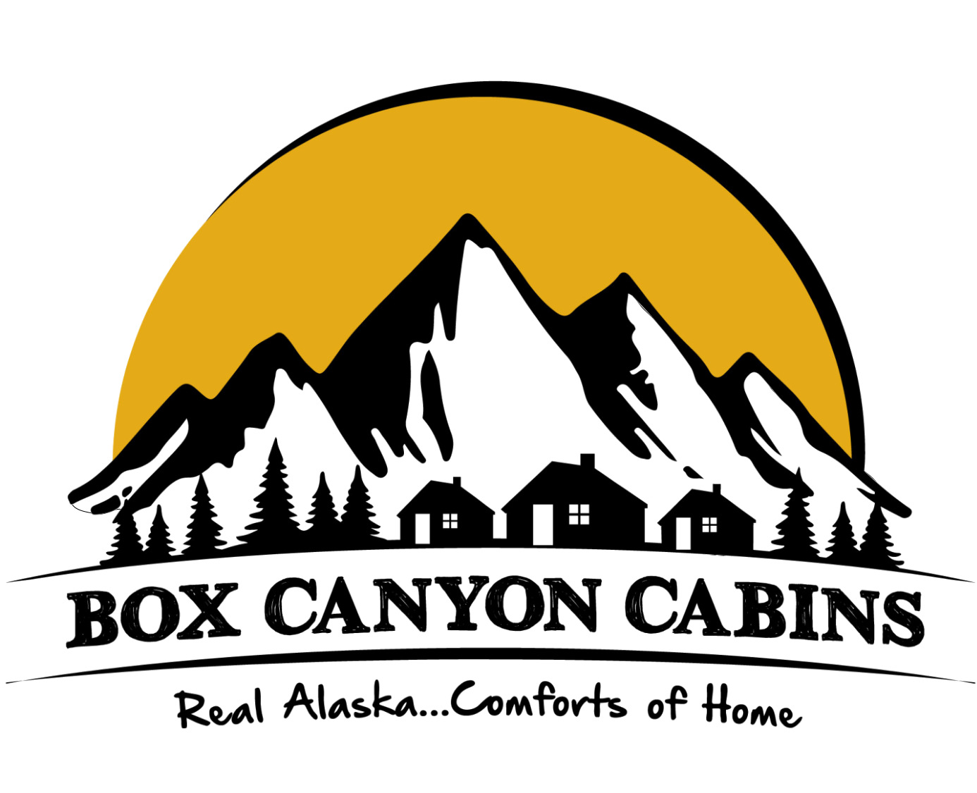 Box Canyon Cabins logo: mountains, cabins, golden sun, text 