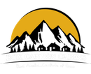 Logo for Box Canyon Cabins: mountain silhouette, cabins, trees, sun in gold, white background.