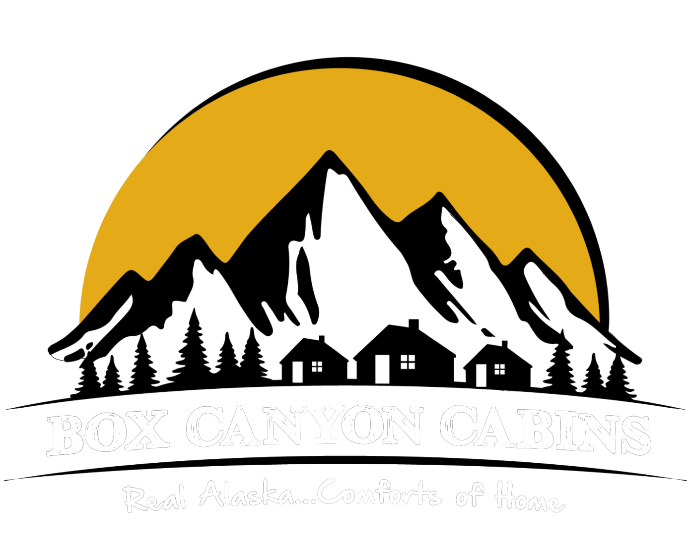 Logo for Box Canyon Cabins: mountain silhouette, cabins, trees, sun in gold, white background.