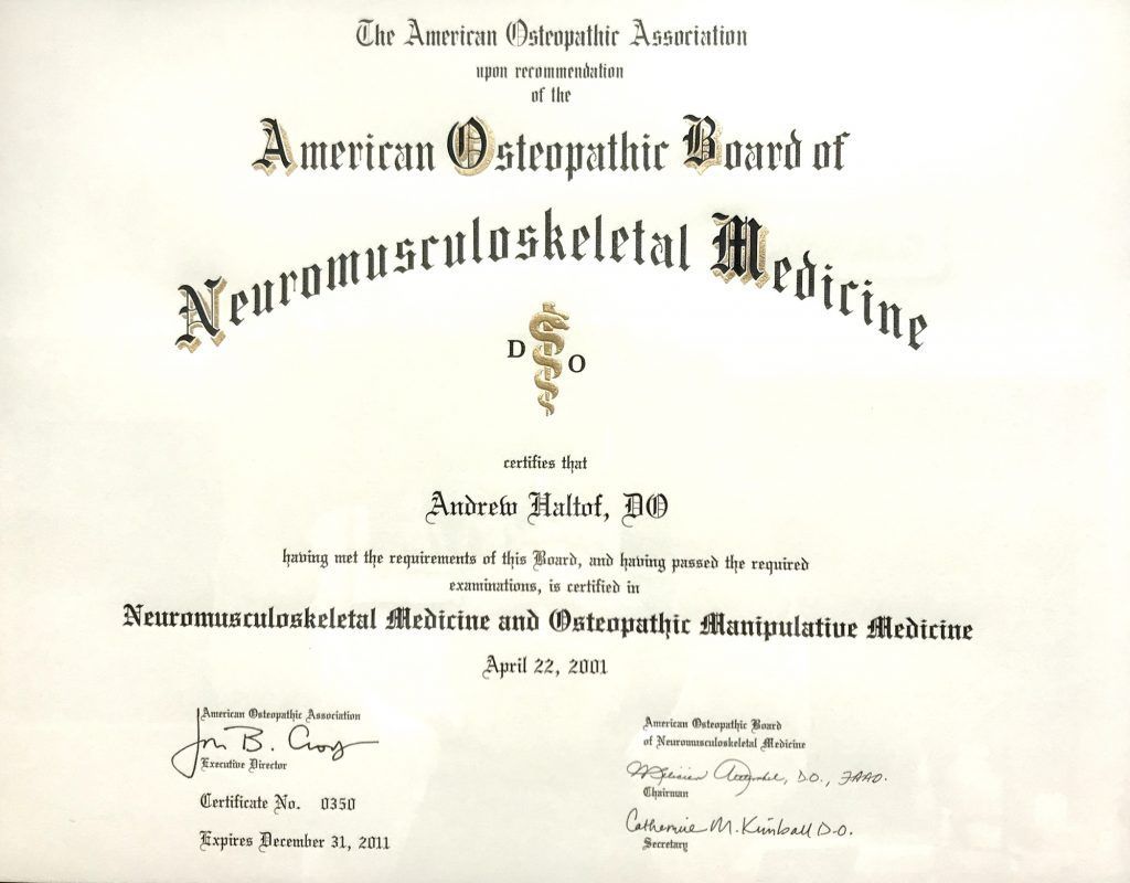 An american osteopathic board of neuromusculoskeletal medicine certificate