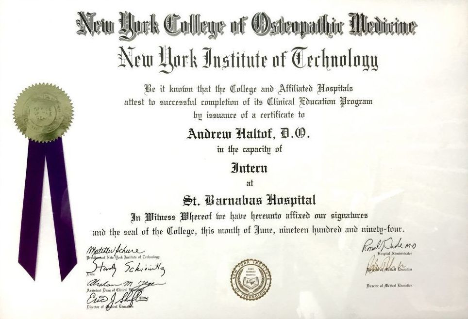 A certificate from the new york college of osteopathic medicine