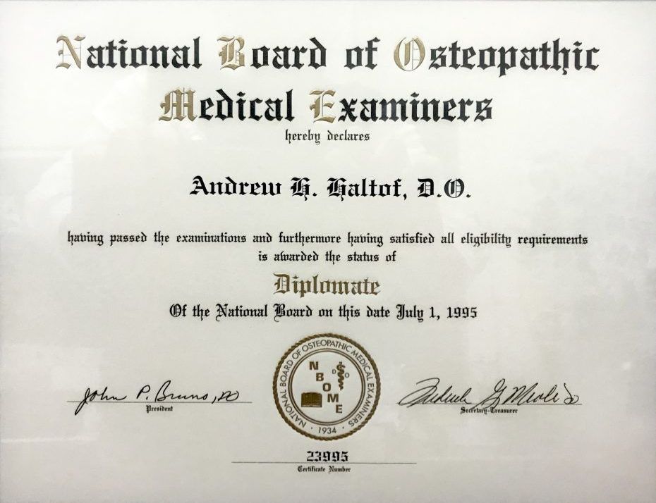 A national board of osteopathic medical examiners diploma