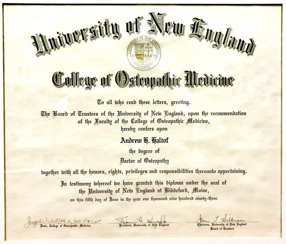 A diploma from the university of new england college of osteopathic medicine