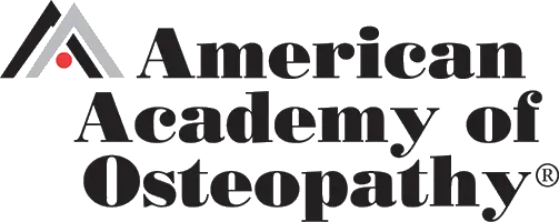 The logo for the american academy of osteopathy is black and white.