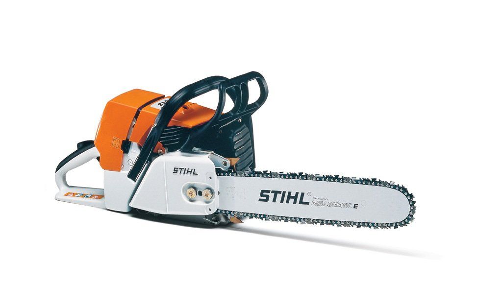 Orange and white STIHL chainsaw on a white background.