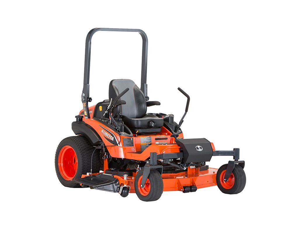 Orange Kubota zero-turn lawn mower on a white background.