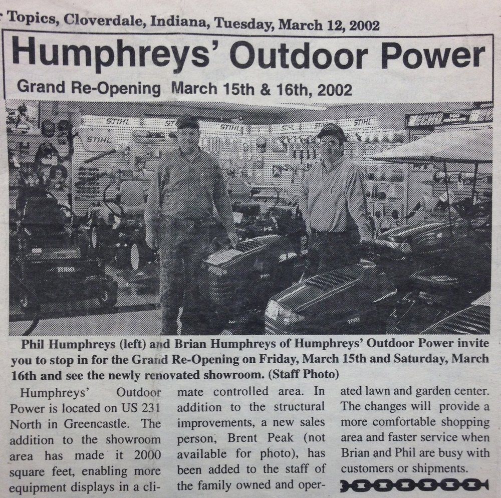 Newspaper article: Humphreys' Outdoor Power Grand Re-Opening, Cloverdale, Indiana, 2002.