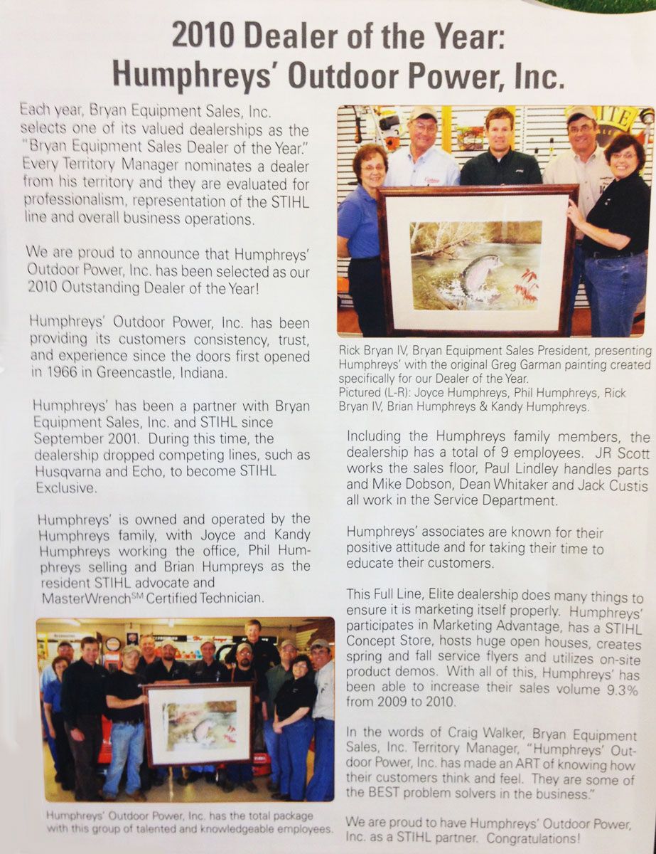 2010 Dealer of the Year recognition. Humphreys' Outdoor Power staff holding awards and posing for photos.