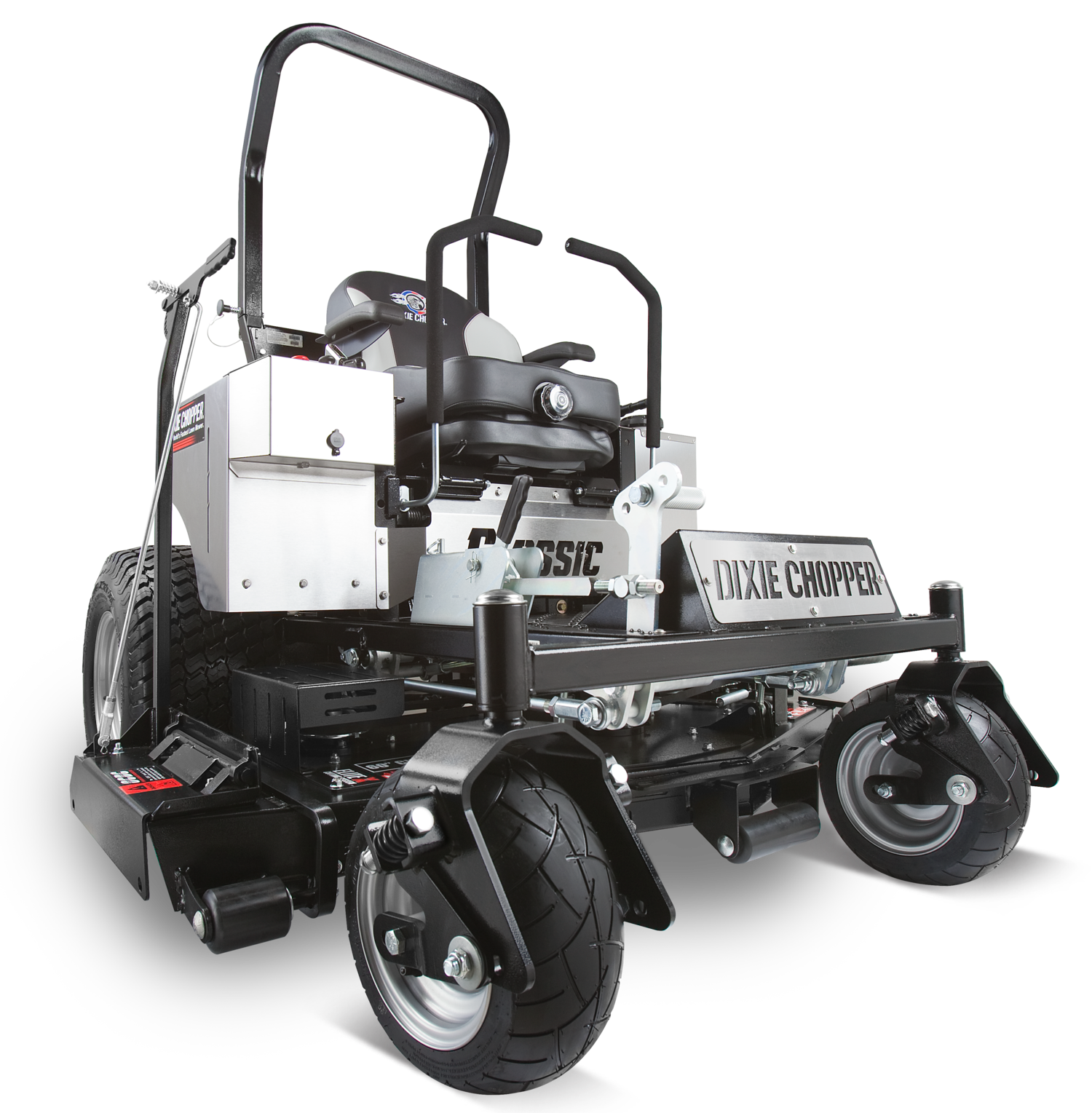 White and black commercial zero-turn lawn mower, front view.