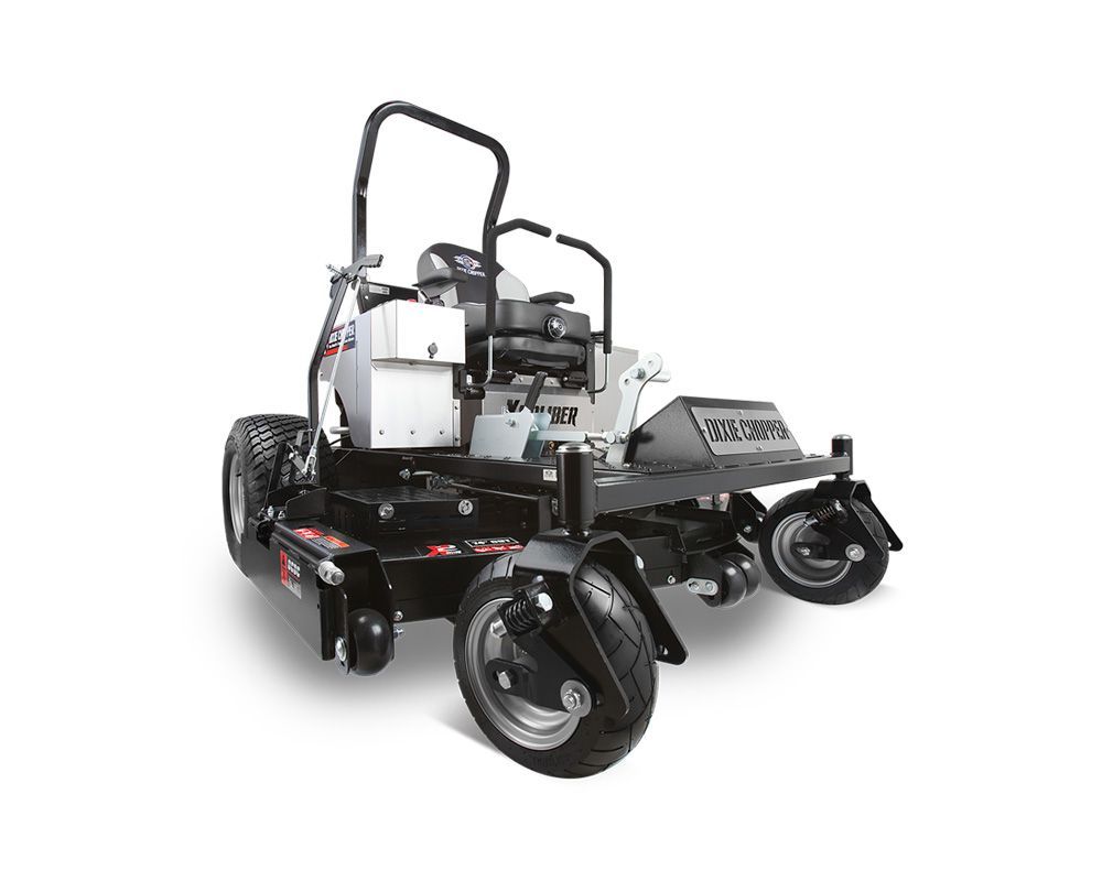 Black and gray zero-turn riding lawn mower, viewed from the rear, on a white background.