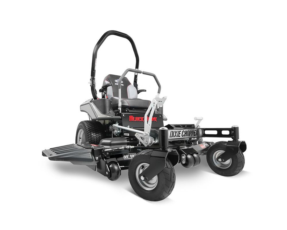 Black and gray commercial zero-turn lawn mower with a large deck and safety bar.