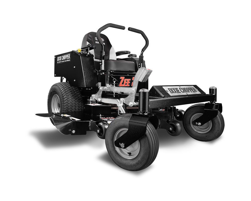 Black zero-turn lawn mower on white background.