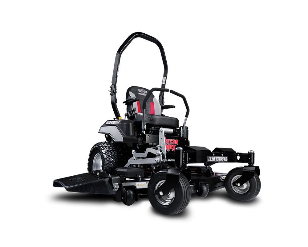 Zero-turn riding lawn mower, black and gray, on a white background.