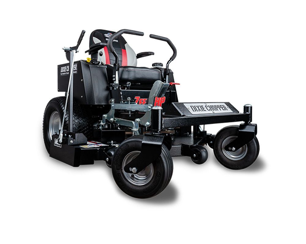 Black zero-turn lawnmower on a white background.