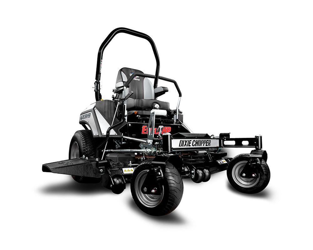 A black and gray zero-turn lawnmower on a white background.