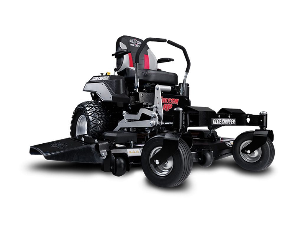 Black and gray zero-turn riding lawn mower on a white background.