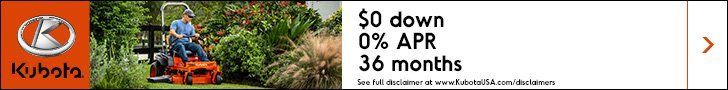 Kubota advertisement: Zero down, 0% APR, 36 months offer on a riding mower with a person driving it.