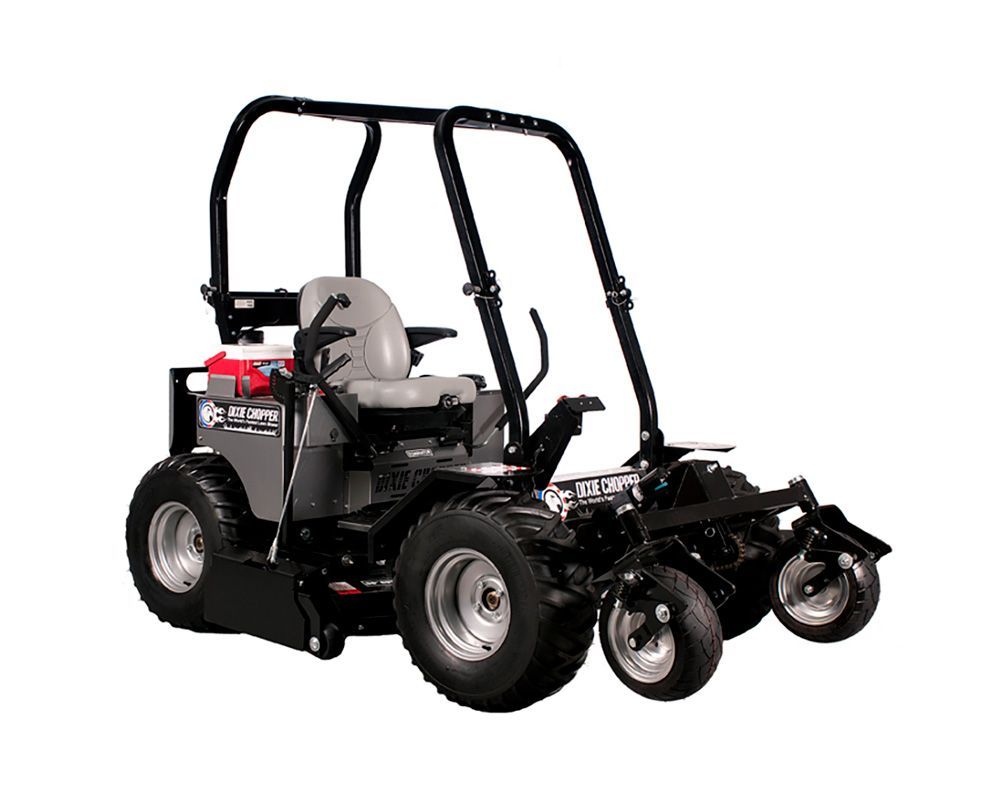 Gray commercial lawn mower with black roll cage and seat, on a white background.