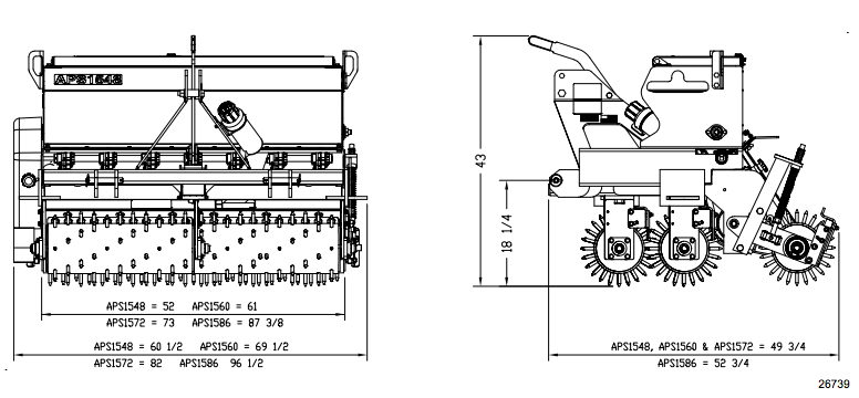 Diagram of a seed planter, showing front and side views with dimension measurements.