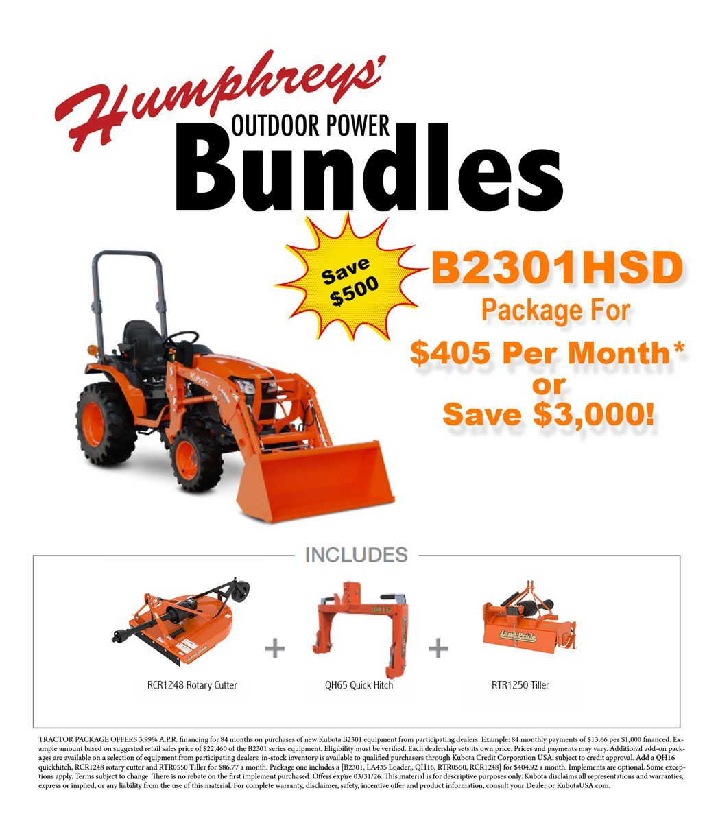 Humphreys Outdoor Power Bundles ad: tractor, attachments, price, and savings details.