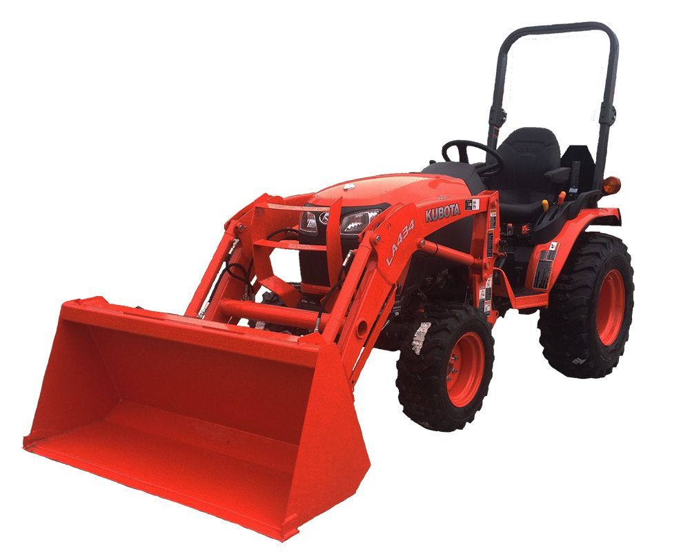 Orange compact tractor with front loader on white background.