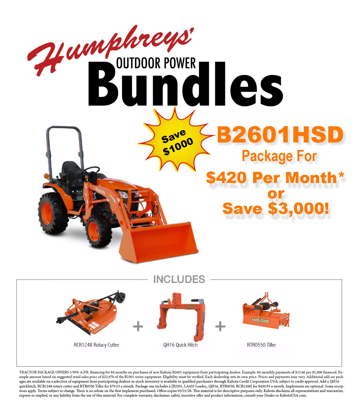 Humphreys Outdoor Power Bundles ad: tractor, attachments, price, and savings details.