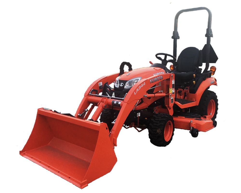 Orange compact tractor with a front-end loader and mower deck on a white background.