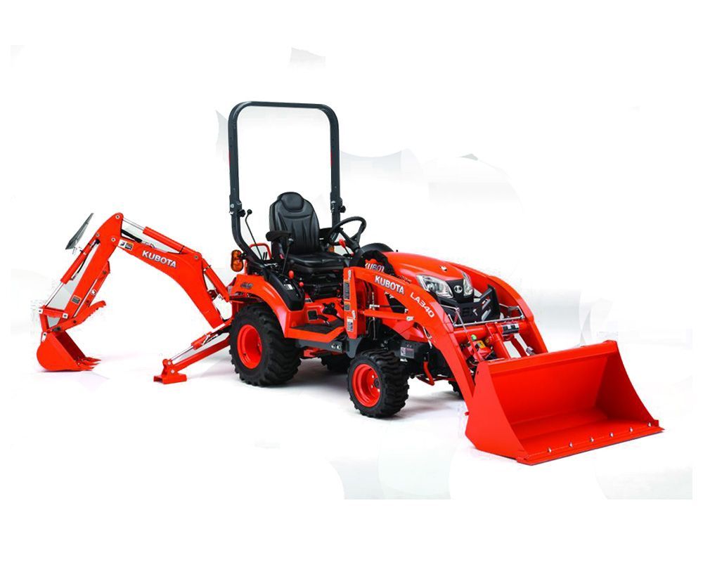 Red Kubota tractor with a front-end loader and backhoe attachment on a white background.