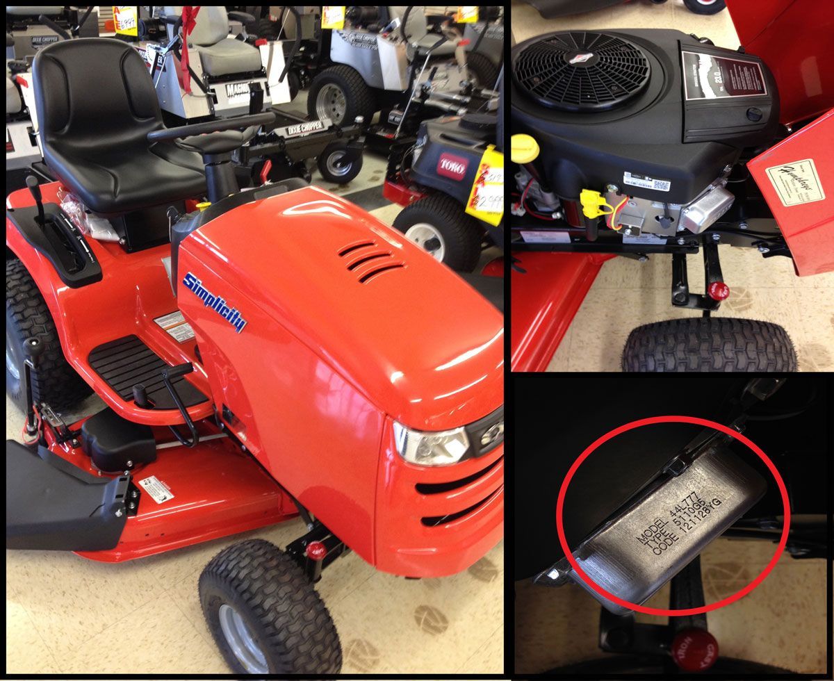 Red riding lawn mower with black seat; inset of engine and circled part label.