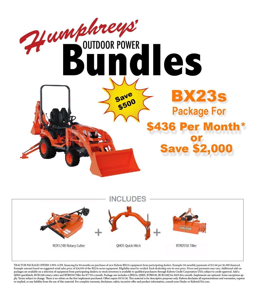 Humphreys Outdoor Power bundles: a tractor, brush cutter, and other attachments. Save $2000 or pay $436/month.