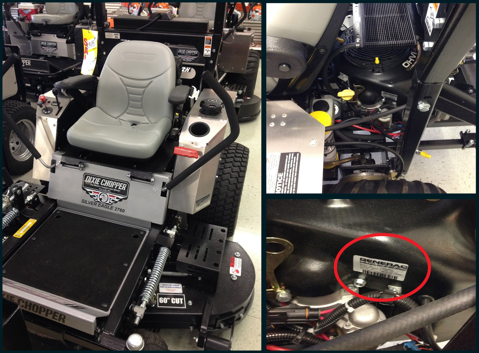 Gray zero-turn lawnmower with a seat, control panel, and engine bay view.