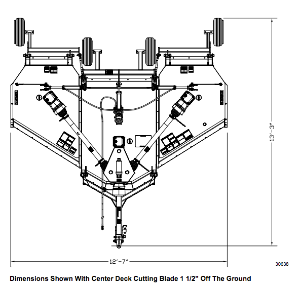 Top-down schematic of a triple-deck mower trailer. Dimensions: 17'3