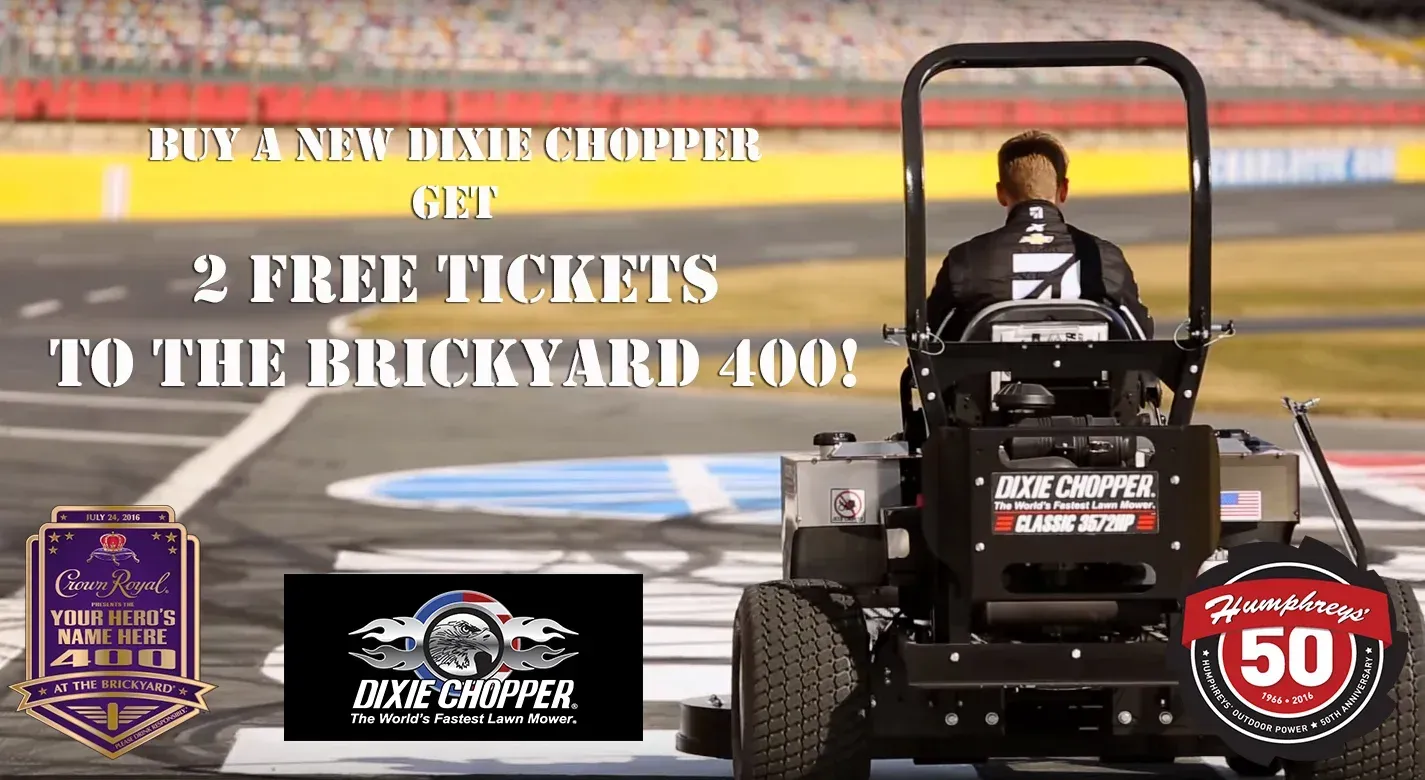 Advertisement for a new Dixie Chopper Pro lawnmower, offering two free tickets to the Brickyard 400.