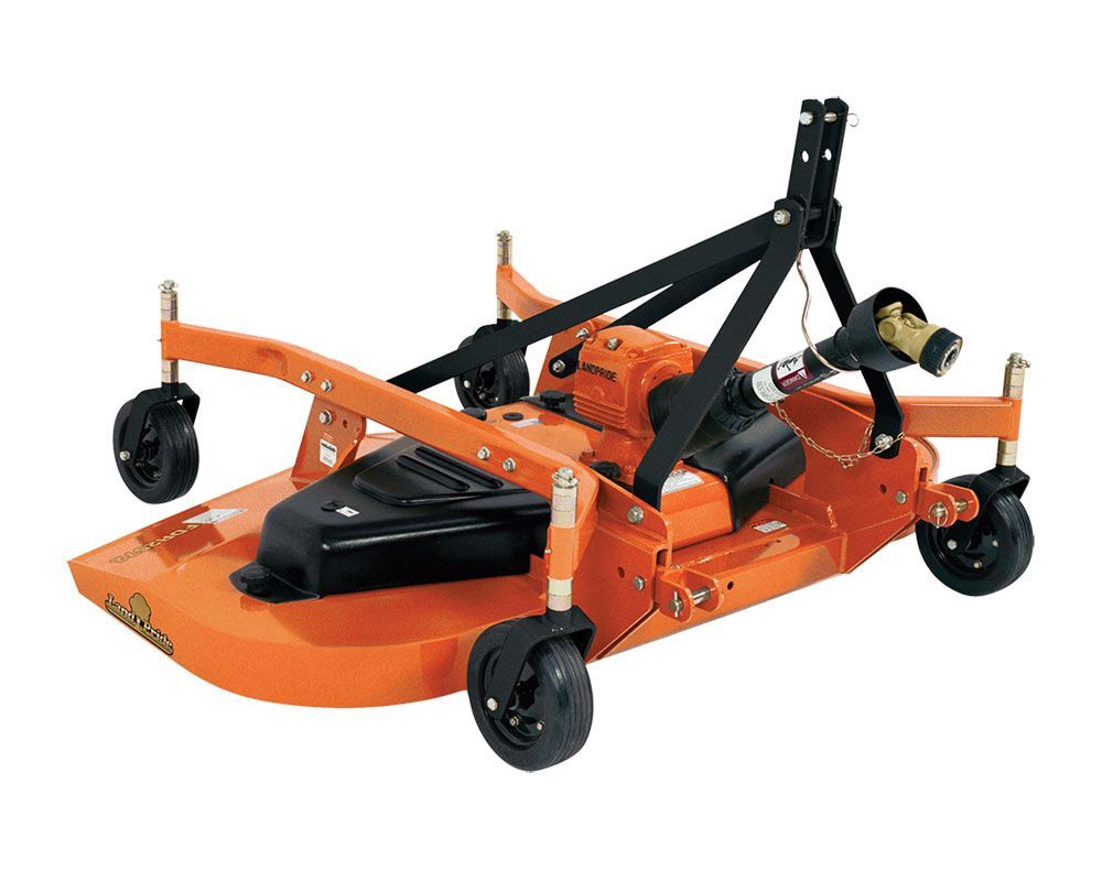 Orange tractor-mounted rotary mower with black wheels and engine, used for cutting grass in fields.