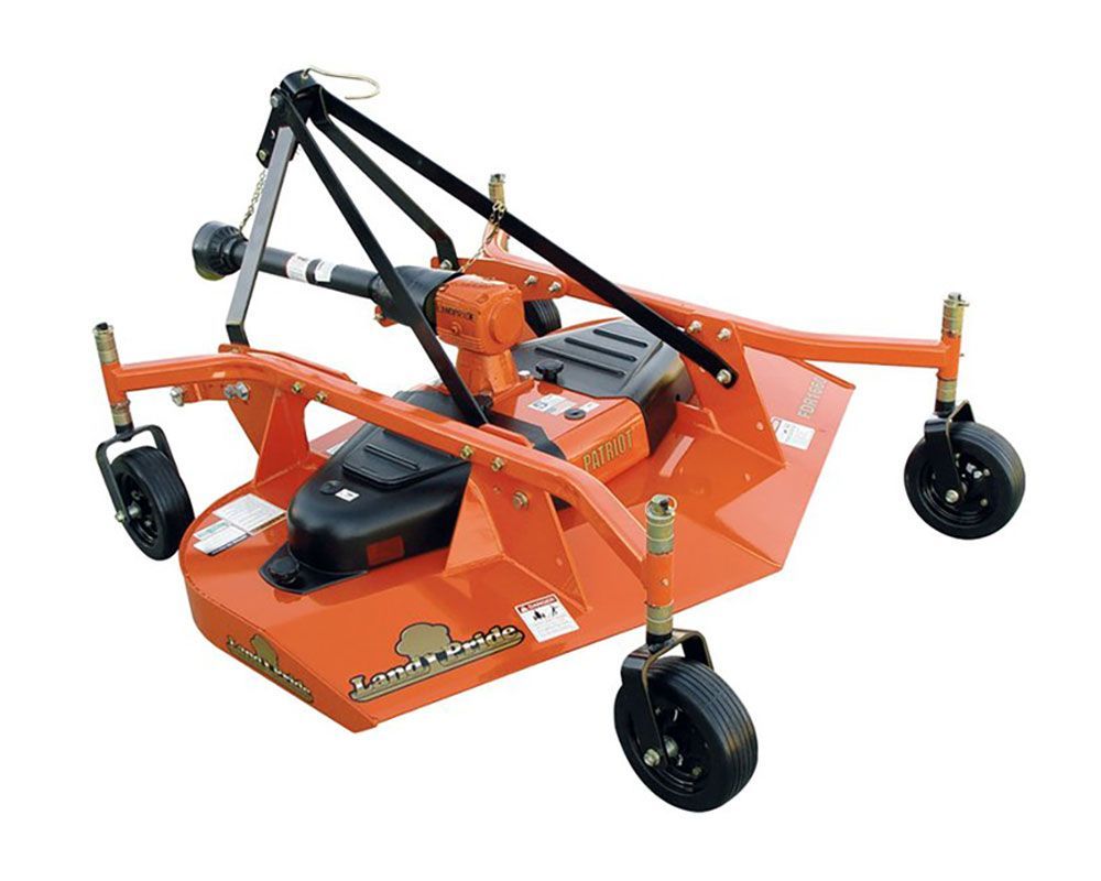 Orange rotary mower with four black wheels and a black hitch.