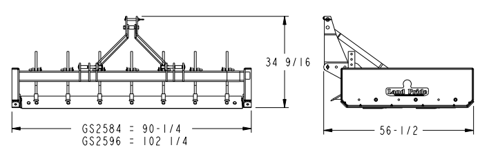 Diagram of a farm implement, with dimensions labeled in inches and measurements for width and height.