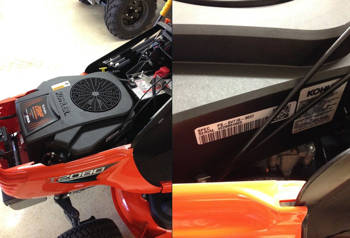 Red riding lawn mower with black seat; inset of engine and circled part label.