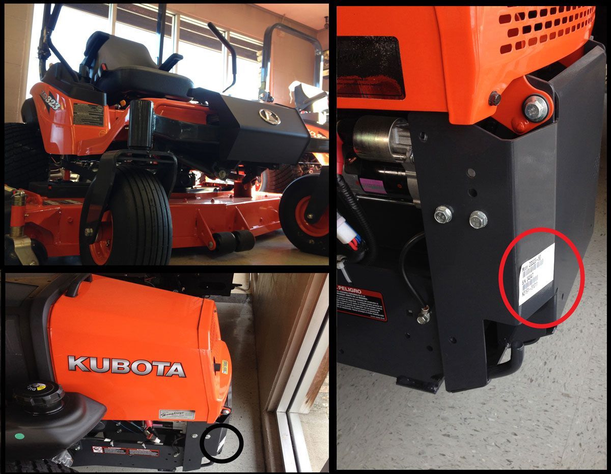 A Kubota riding mower. Three views show the engine, body, and sticker on the side.